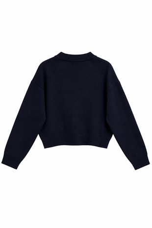 V Yaka Crop Hırka Lacivert 
