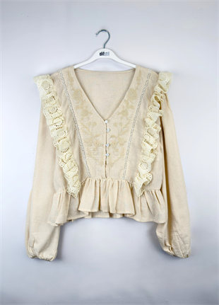 V Yaka Güpürlü Bluz Bej  