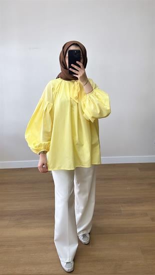 Yakası Bağlamalı Salaş Tunik Sarı