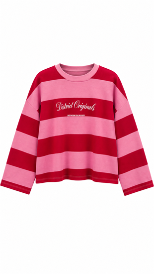 Yazılı Geniş Çizgili Sweat Pembe 
