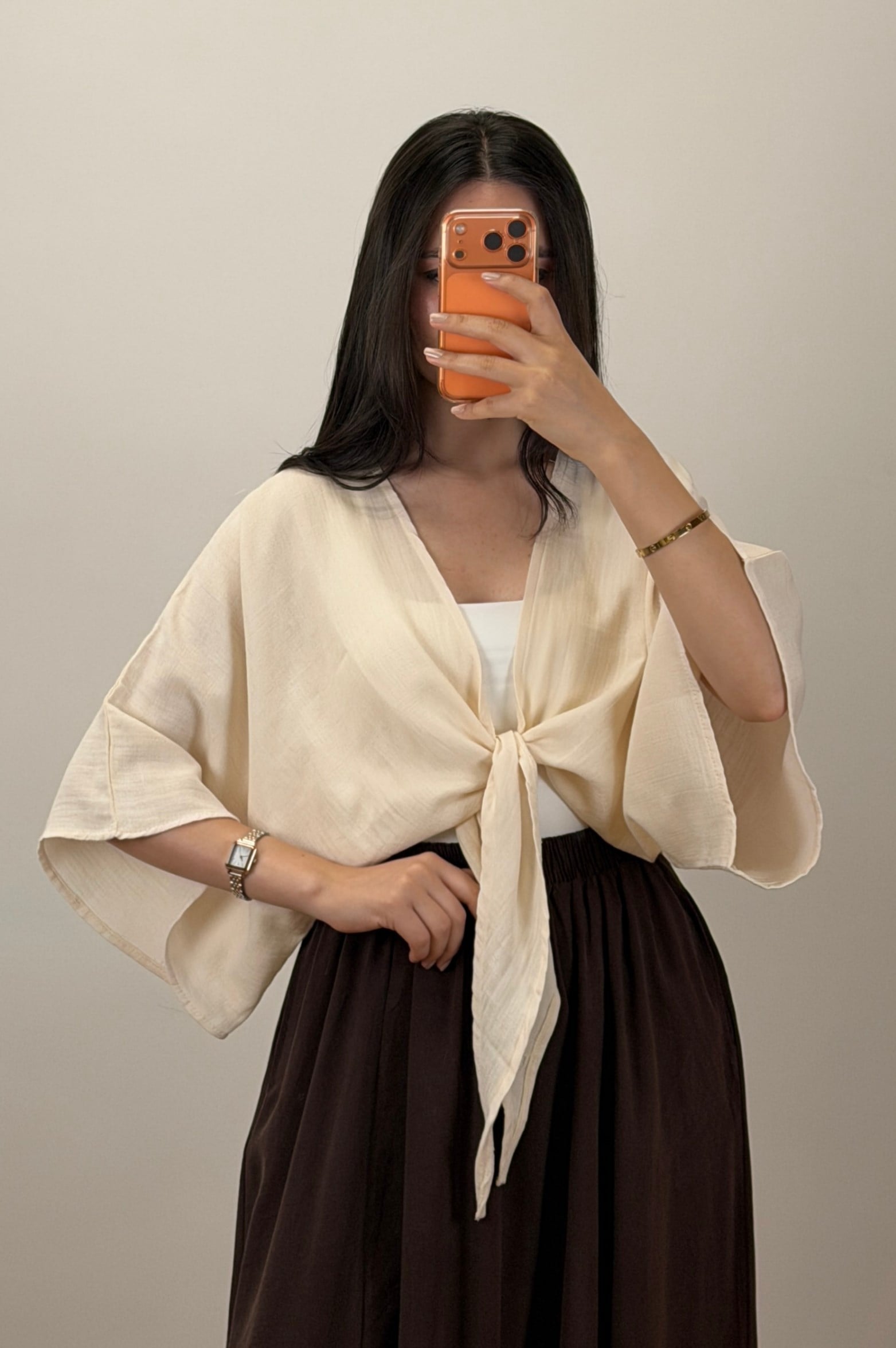Bağlamalı Kısa Kimono Bej