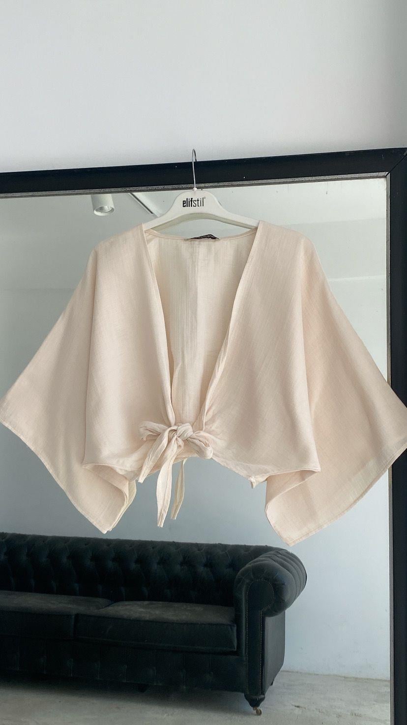 Bağlamalı Kısa Kimono Bej