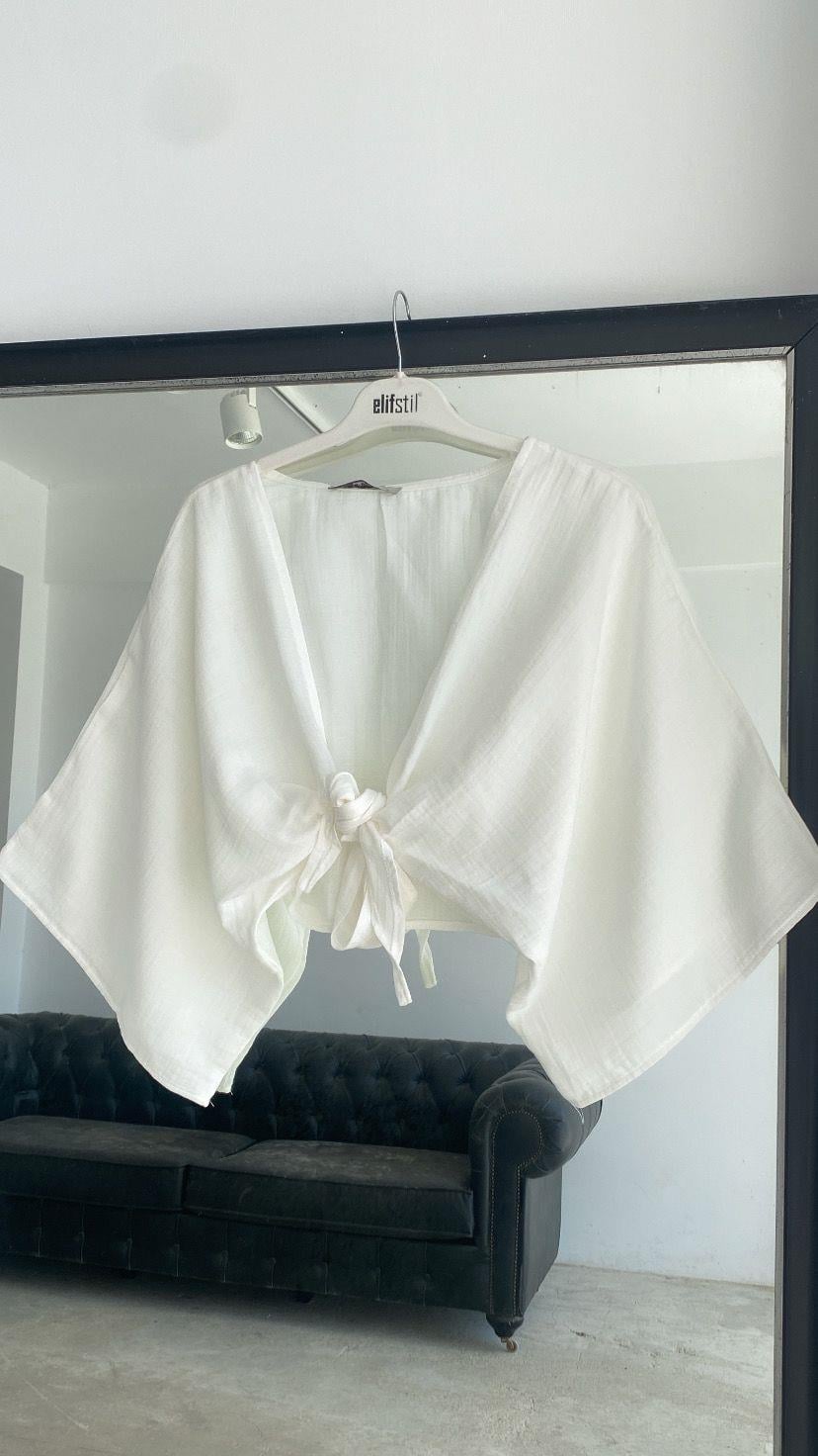 Bağlamalı Kısa Kimono Ekru