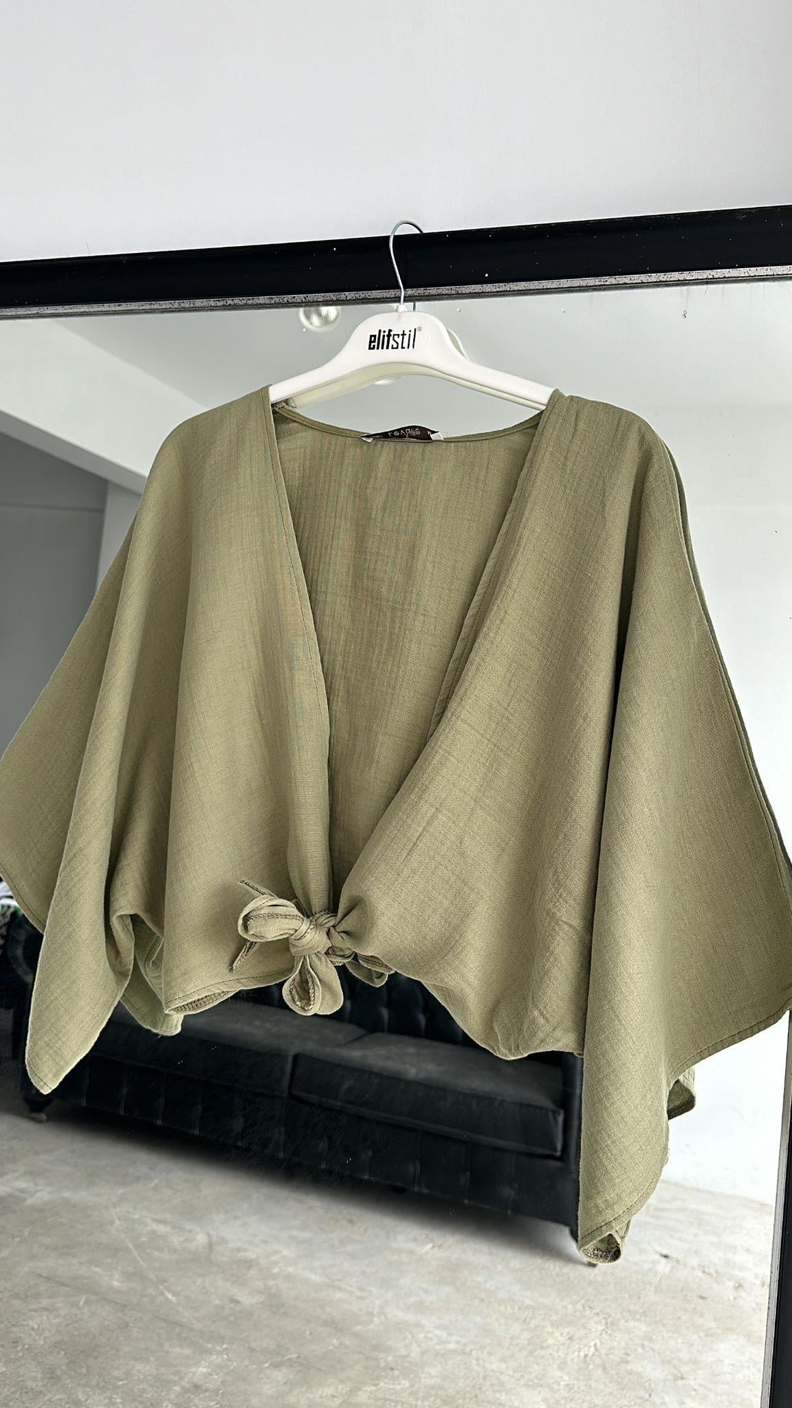 Bağlamalı Kısa Kimono Haki