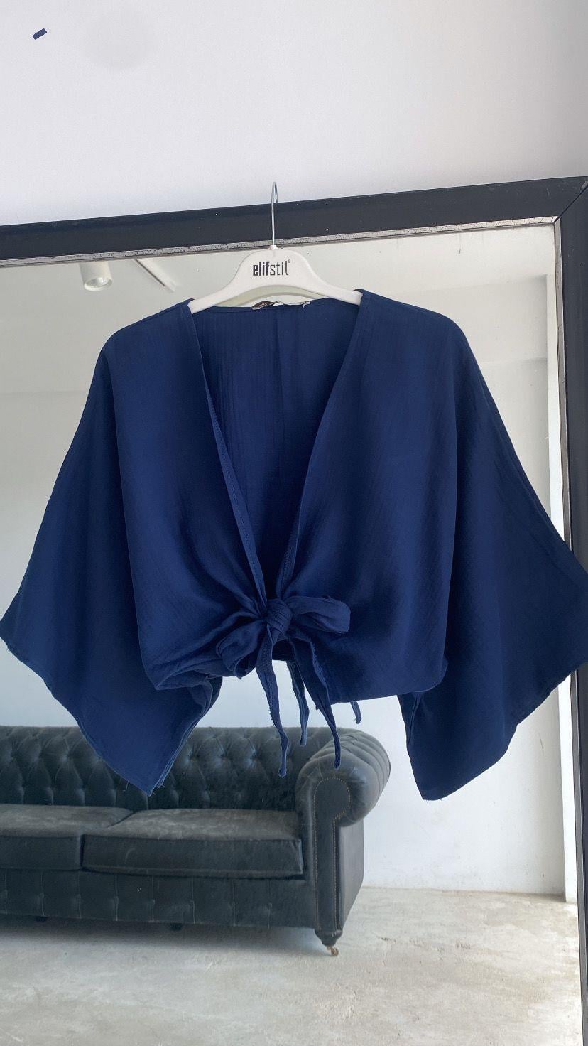 Bağlamalı Kısa Kimono Lacivert