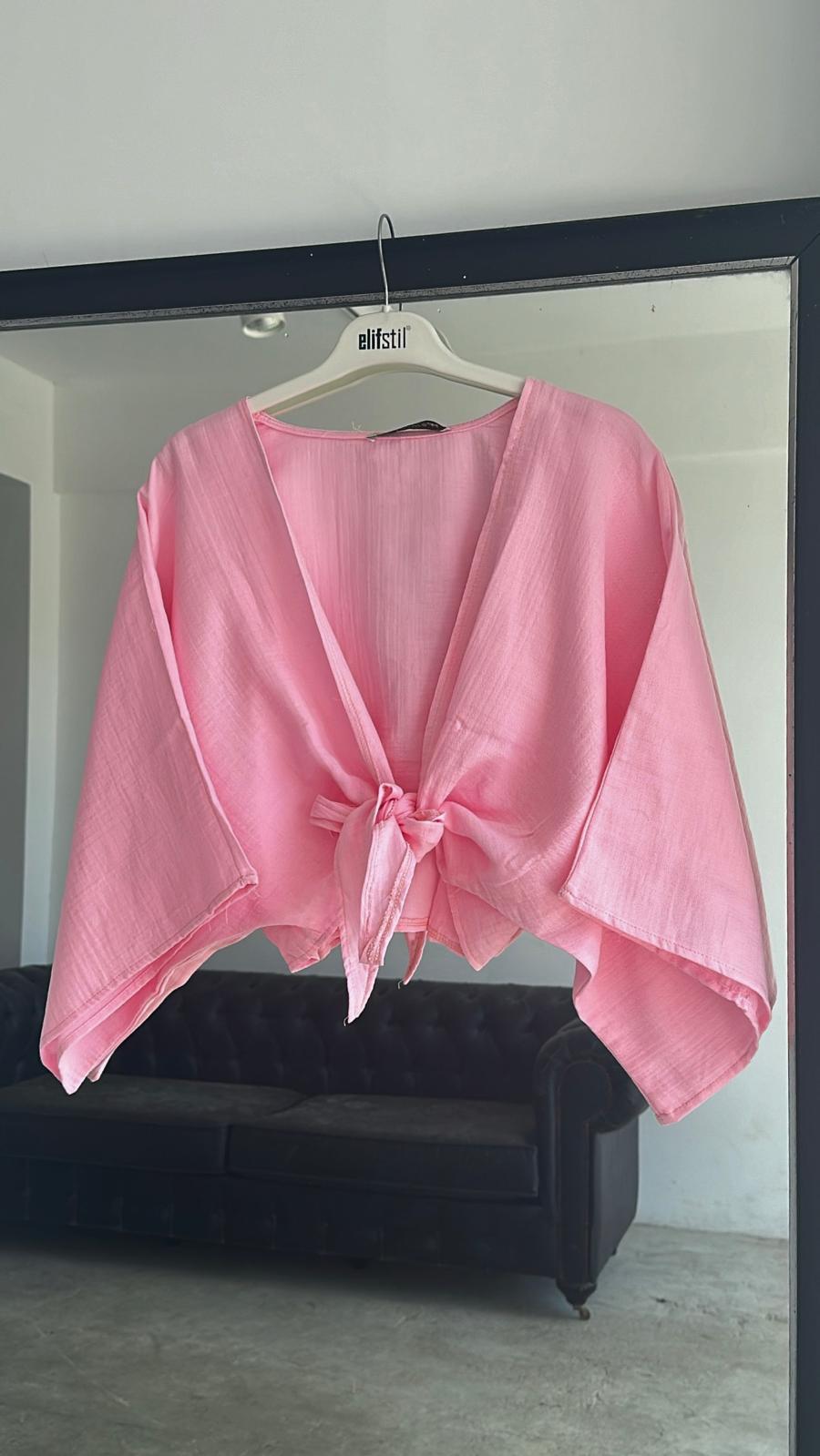 Bağlamalı Kısa Kimono Pembe