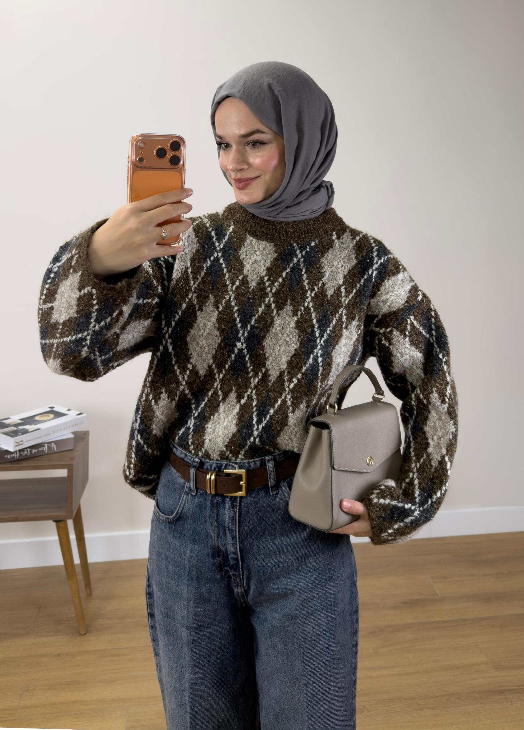 Baklava Desen Buklet Kazak Kahve 