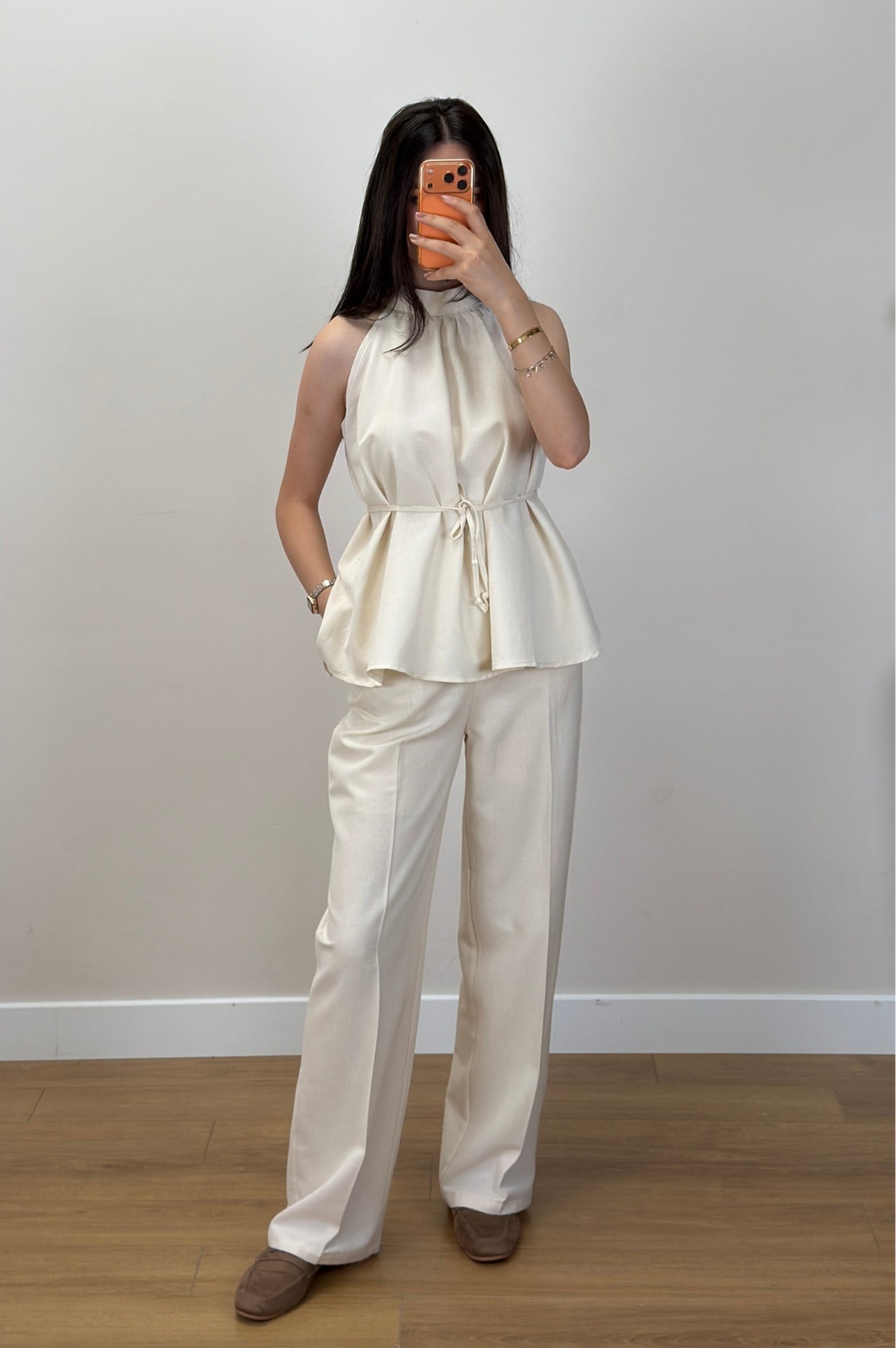 Büzgülü Bluz Pantolon Takım Naturel 