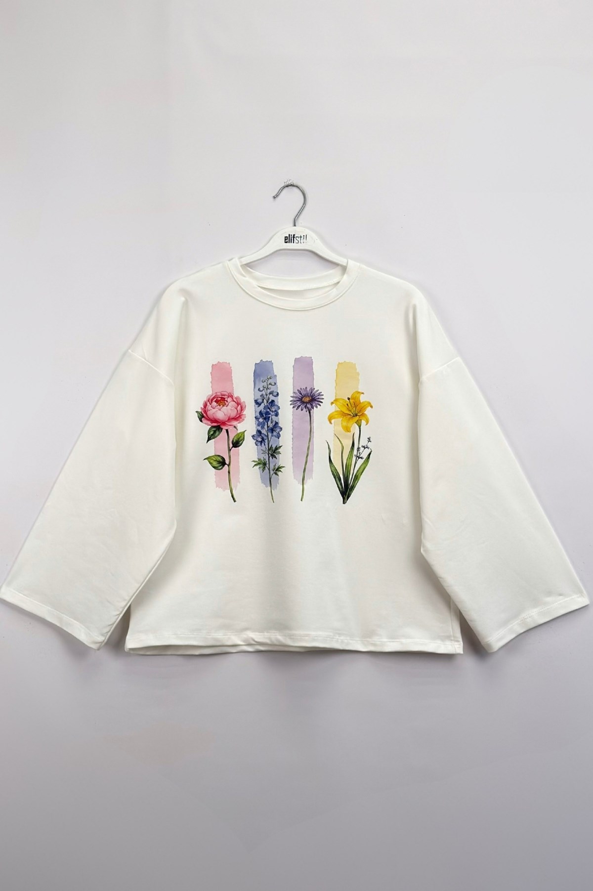 Çiçek Baskılı Sweatshirt Ekru 