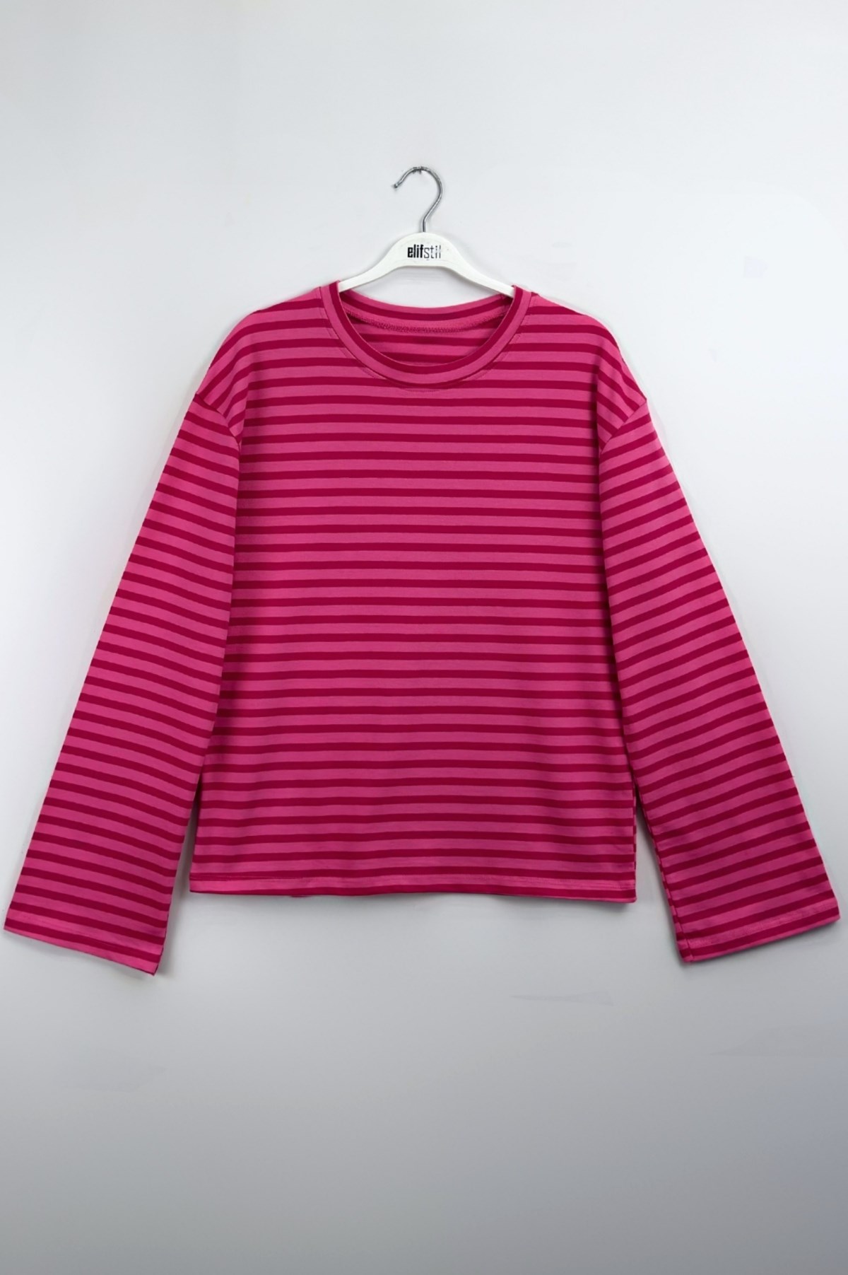 Çizgili Geniş Kol Sweat Pembe