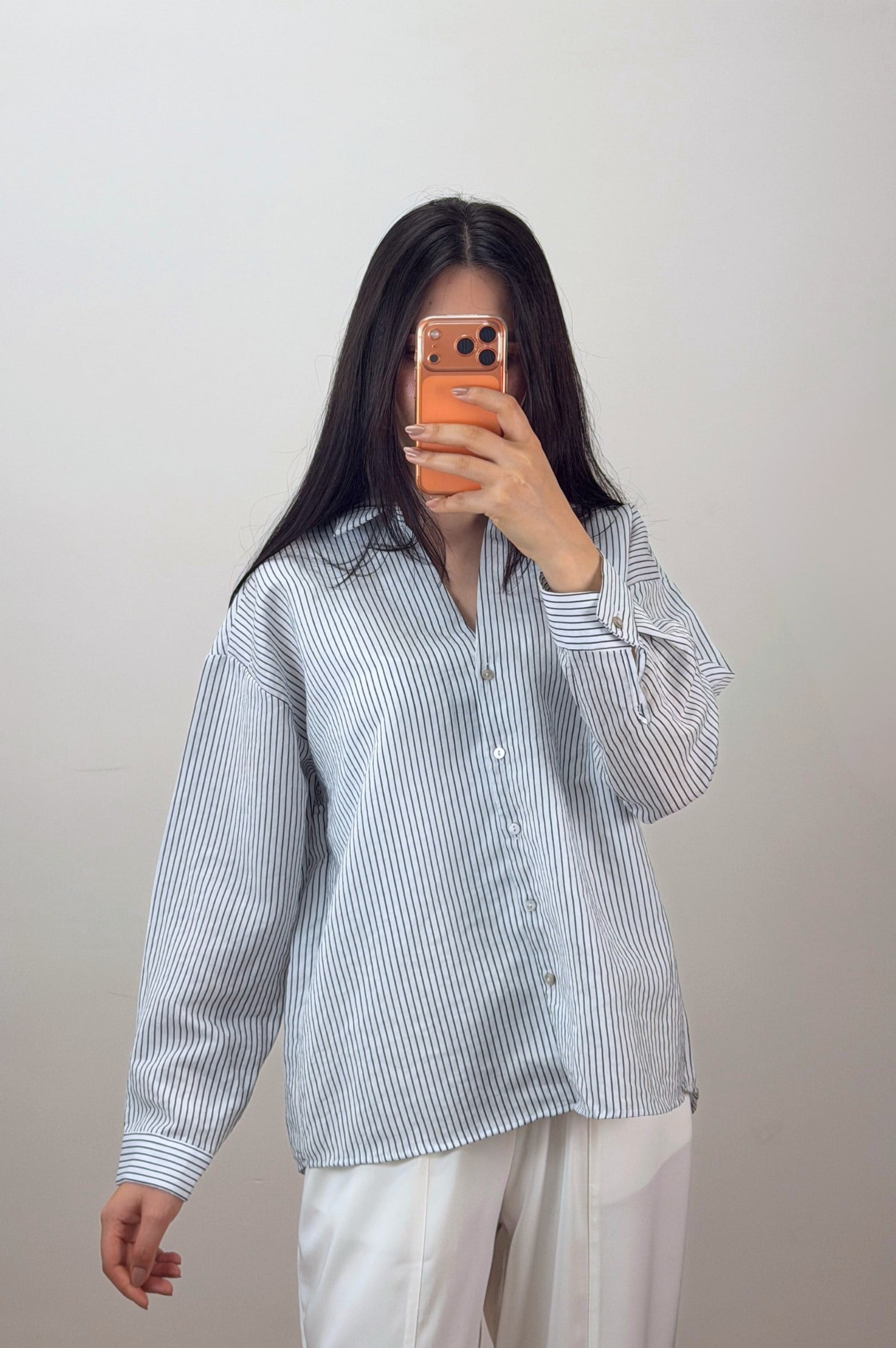 Çizgili Oversize Gömlek Beyaz 