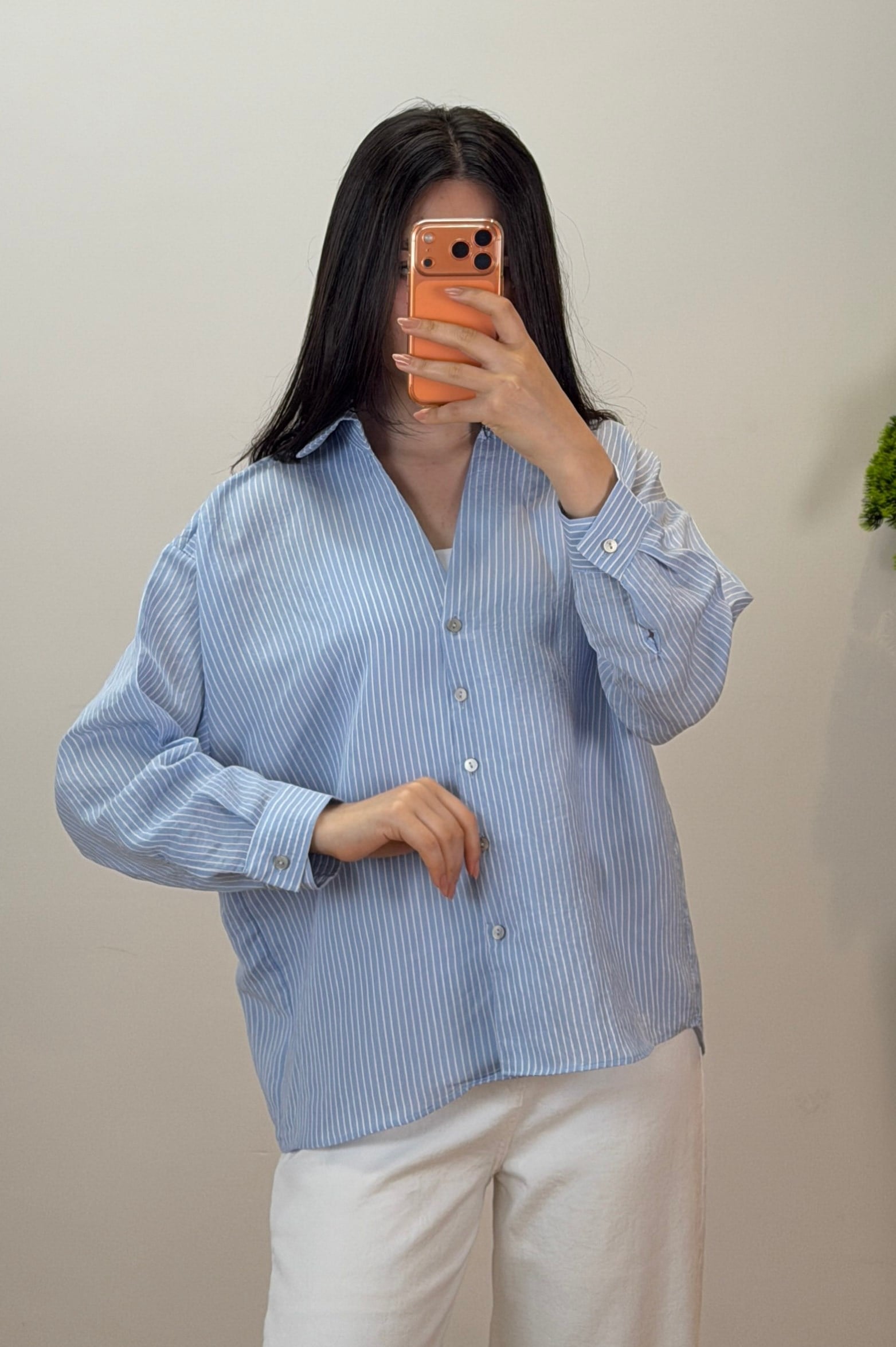 Çizgili Oversize Gömlek Mavi 