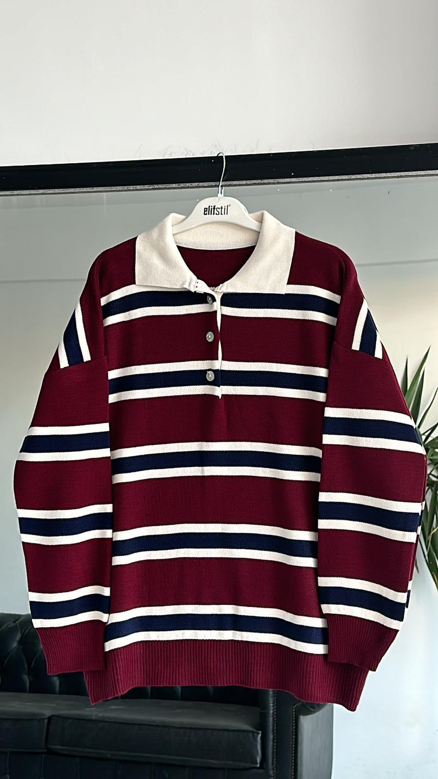 Çizgili Polo Yaka Kazak Bordo 