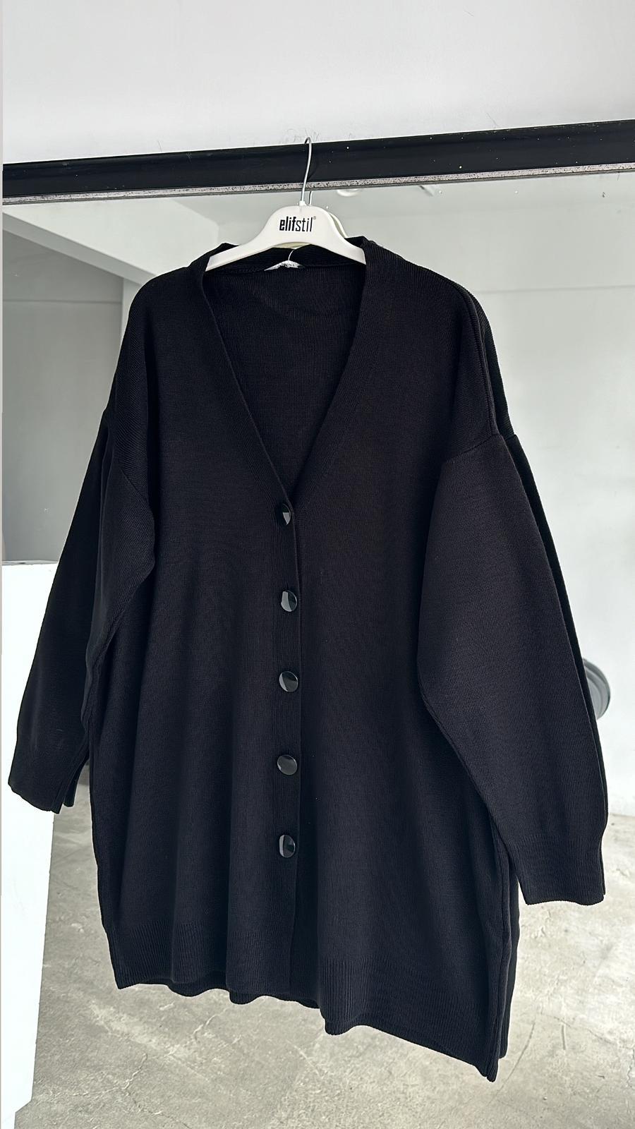 Düğmeli Triko Salaş Hırka Siyah