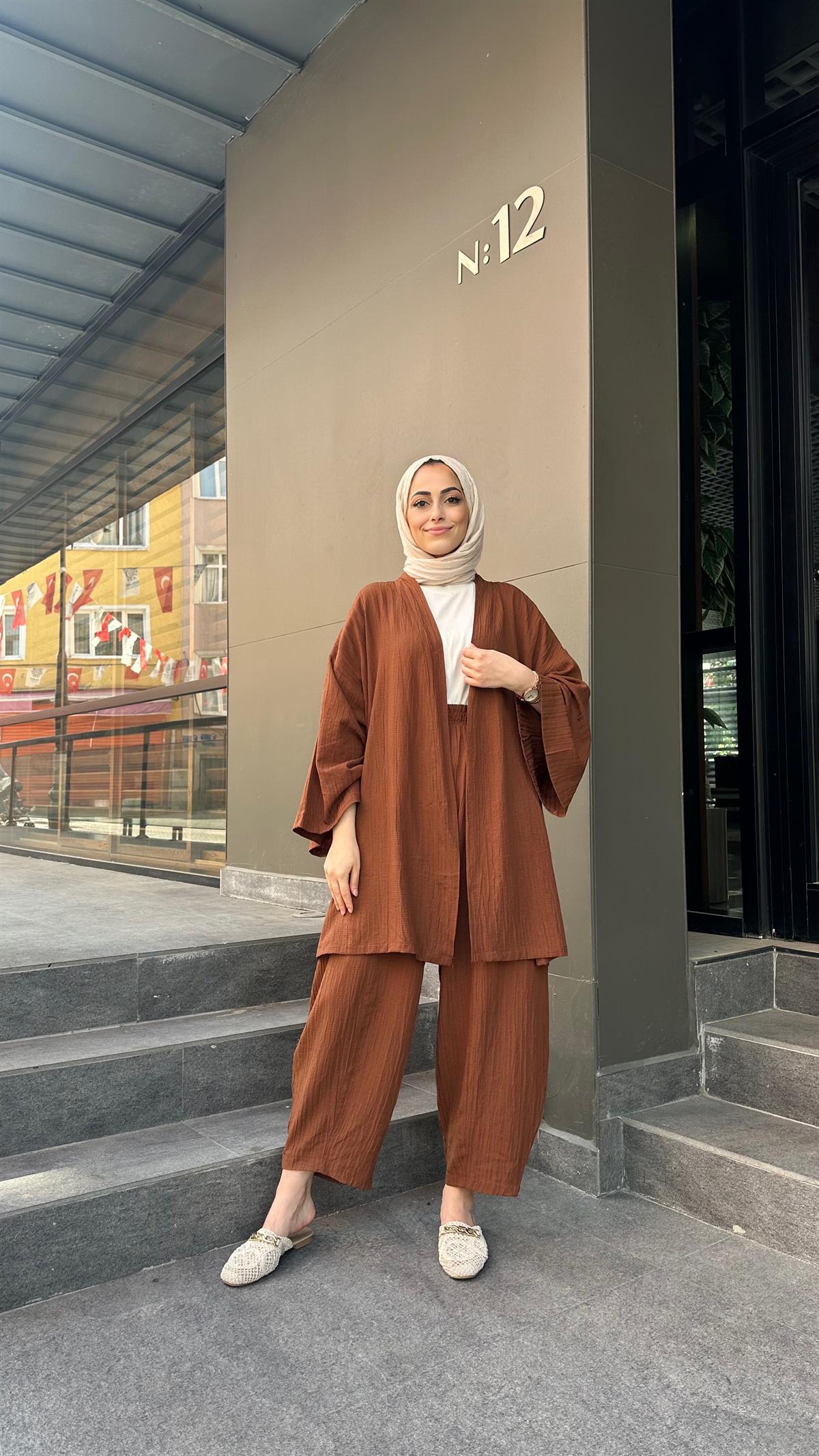 Gofre Kimono Takım Kahve