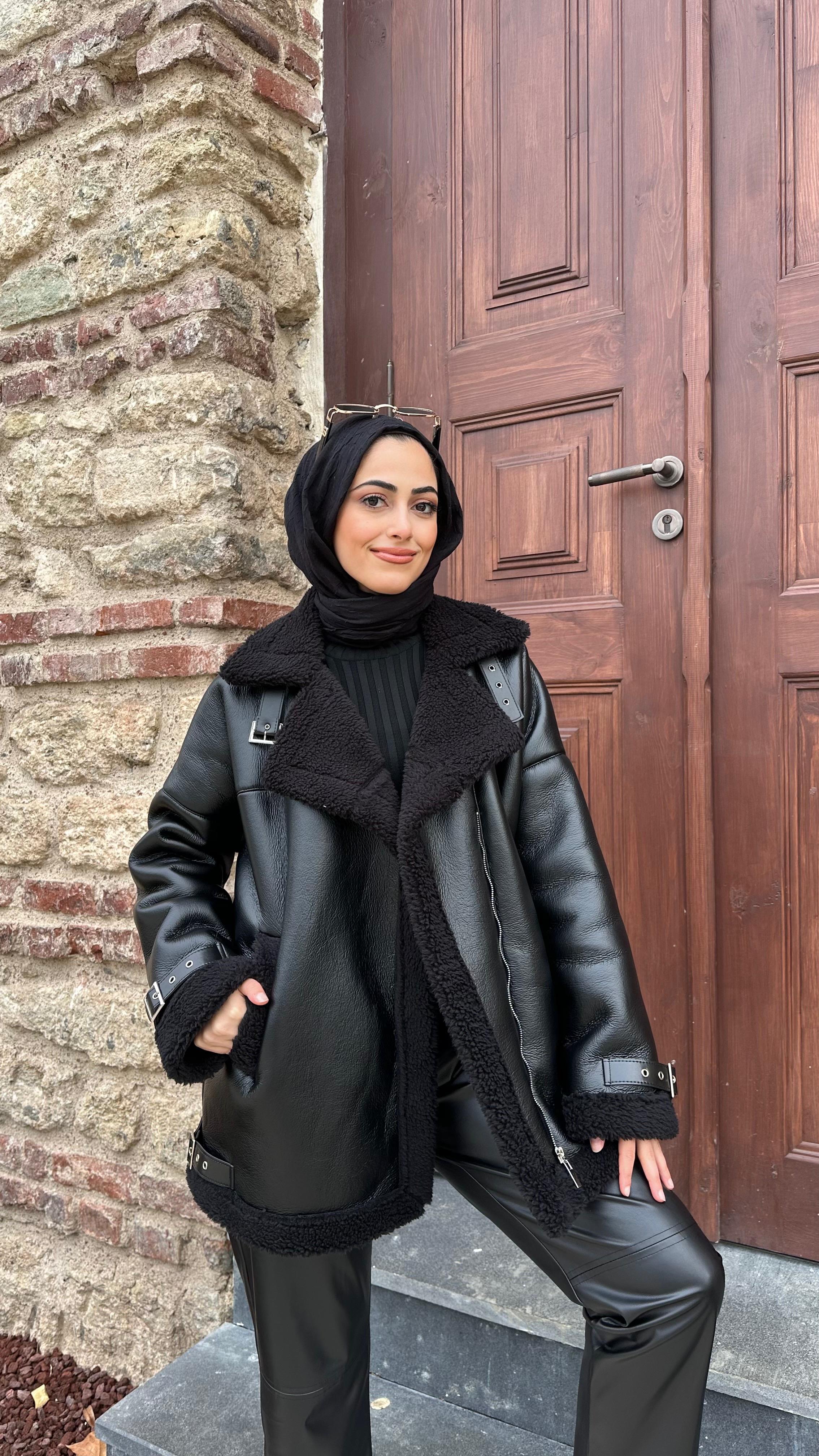 İçi Kürklü Deri Mont Siyah