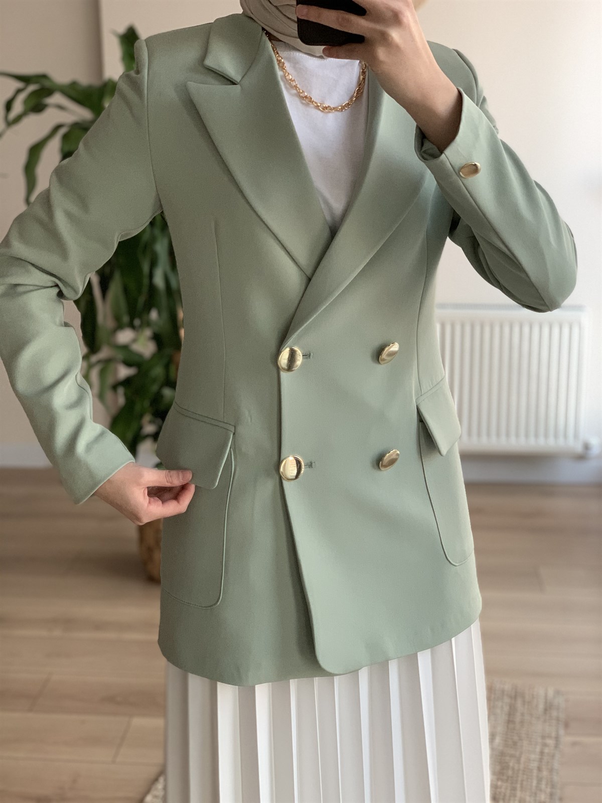 Kapaklı Cepli Ceket Mint Yeşili | Elifstil