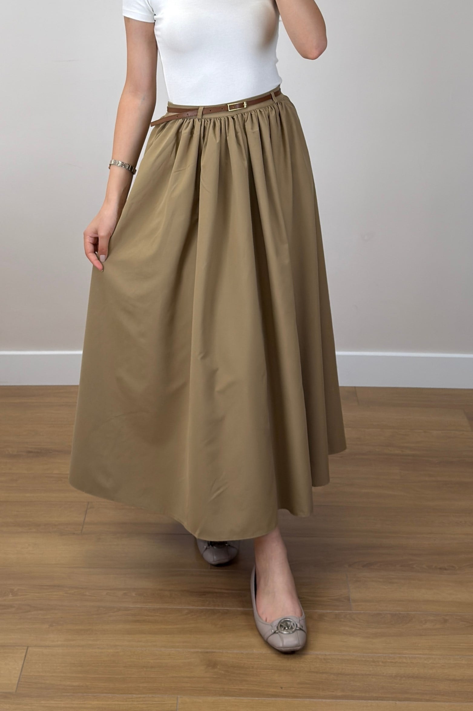 Kemerli Pileli Etek Camel 