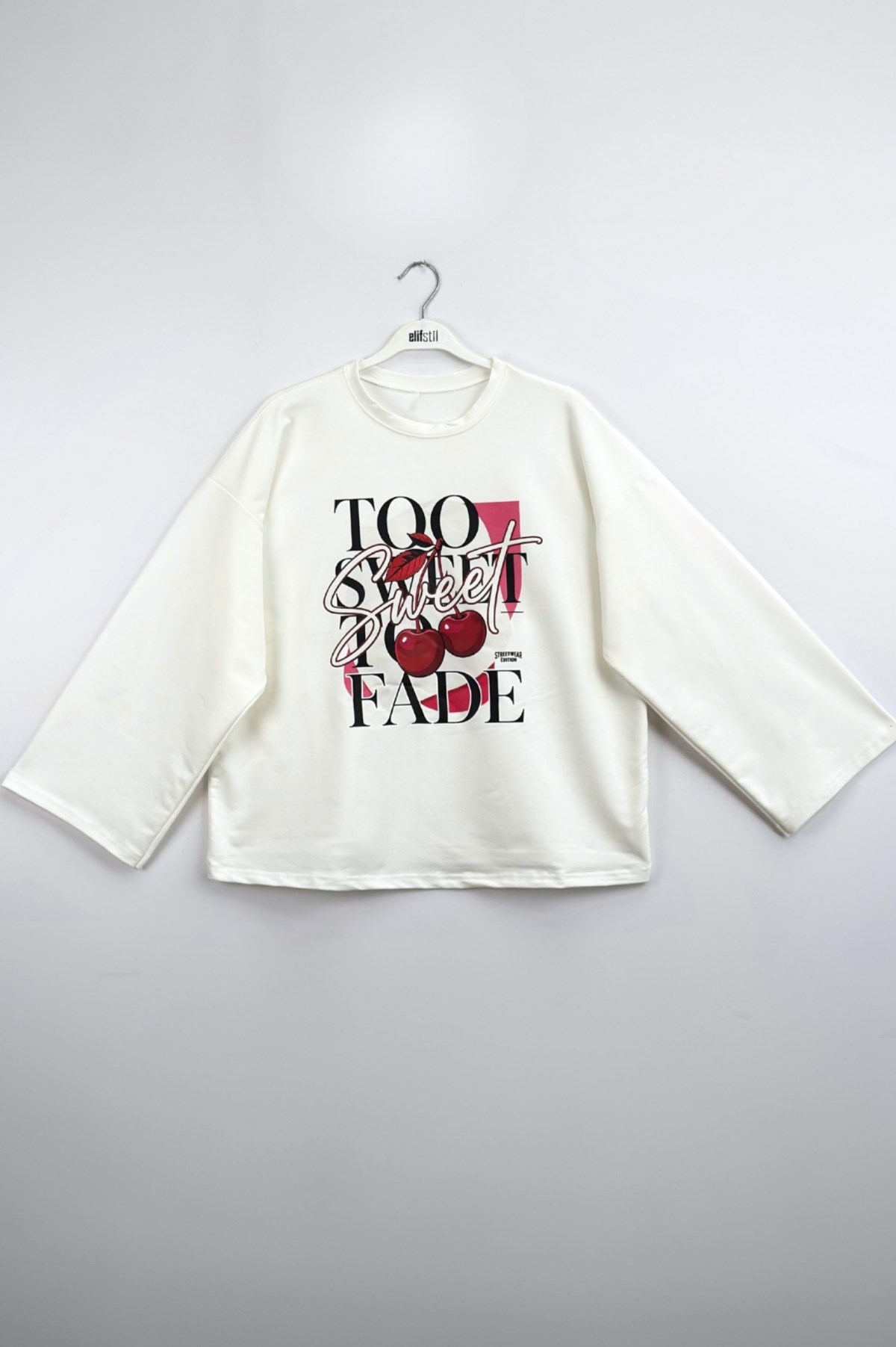Kiraz Baskılı Sweatshirt Ekru 