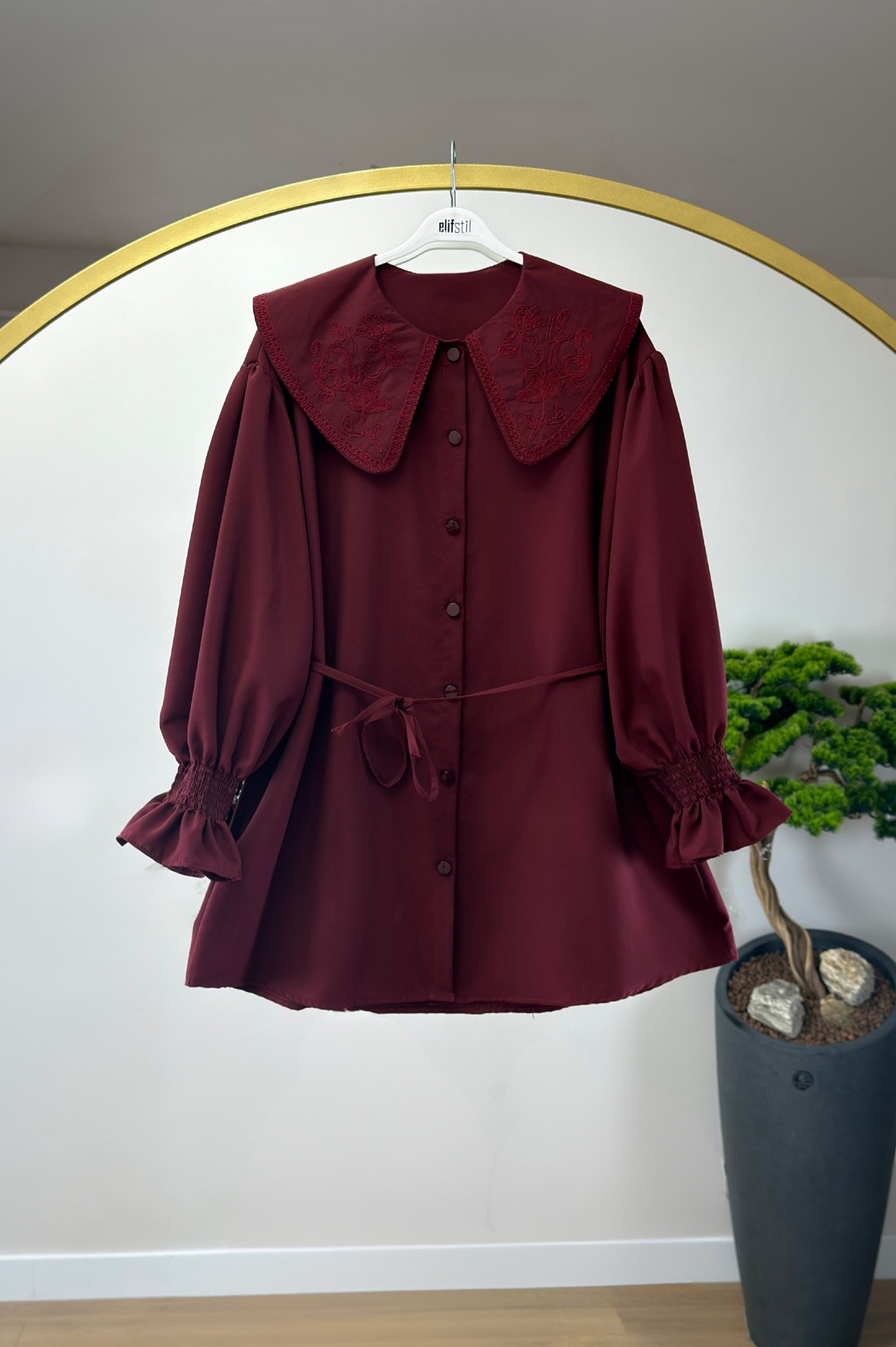 Kolu Lastikli Gömlek Bordo 