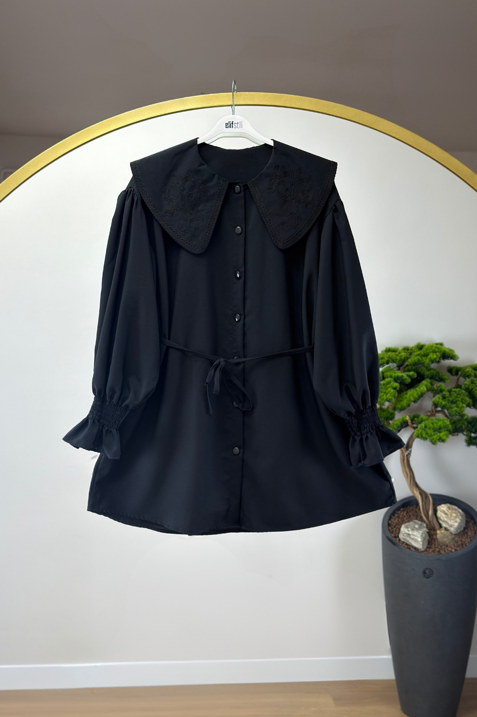 Kolu Lastikli Gömlek Siyah 