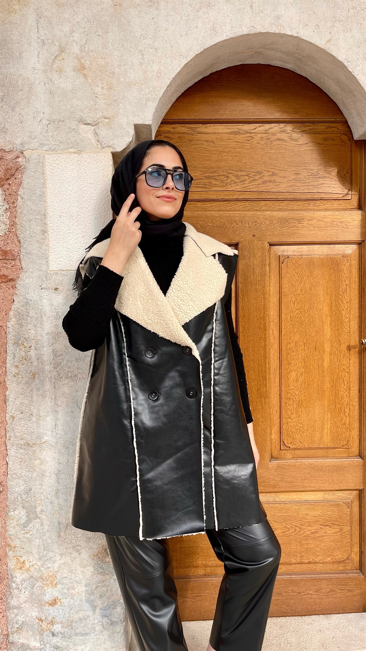 Kürklü Deri Yelek Siyah