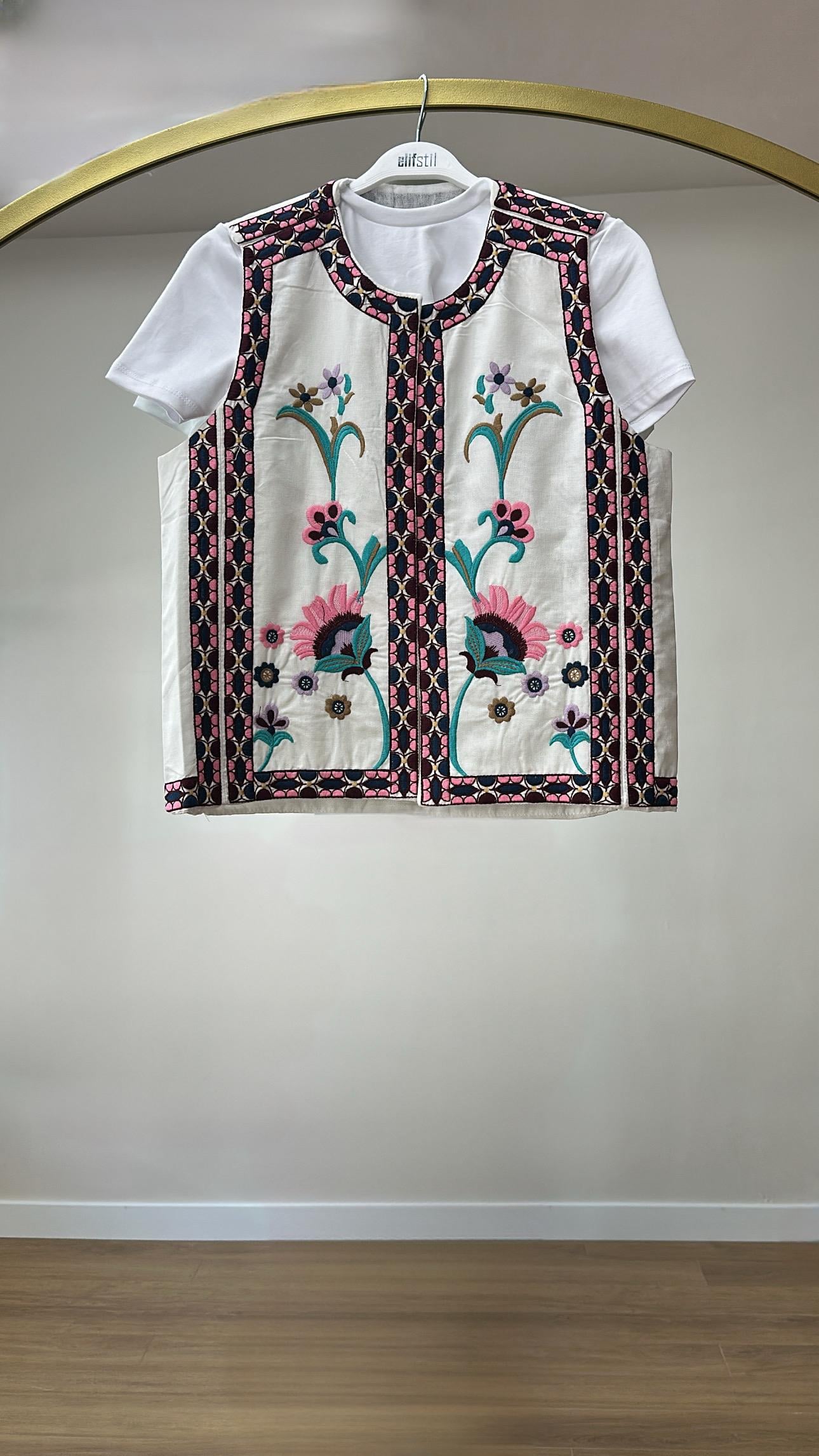 Lale Nakışlı Yelek Pembe 