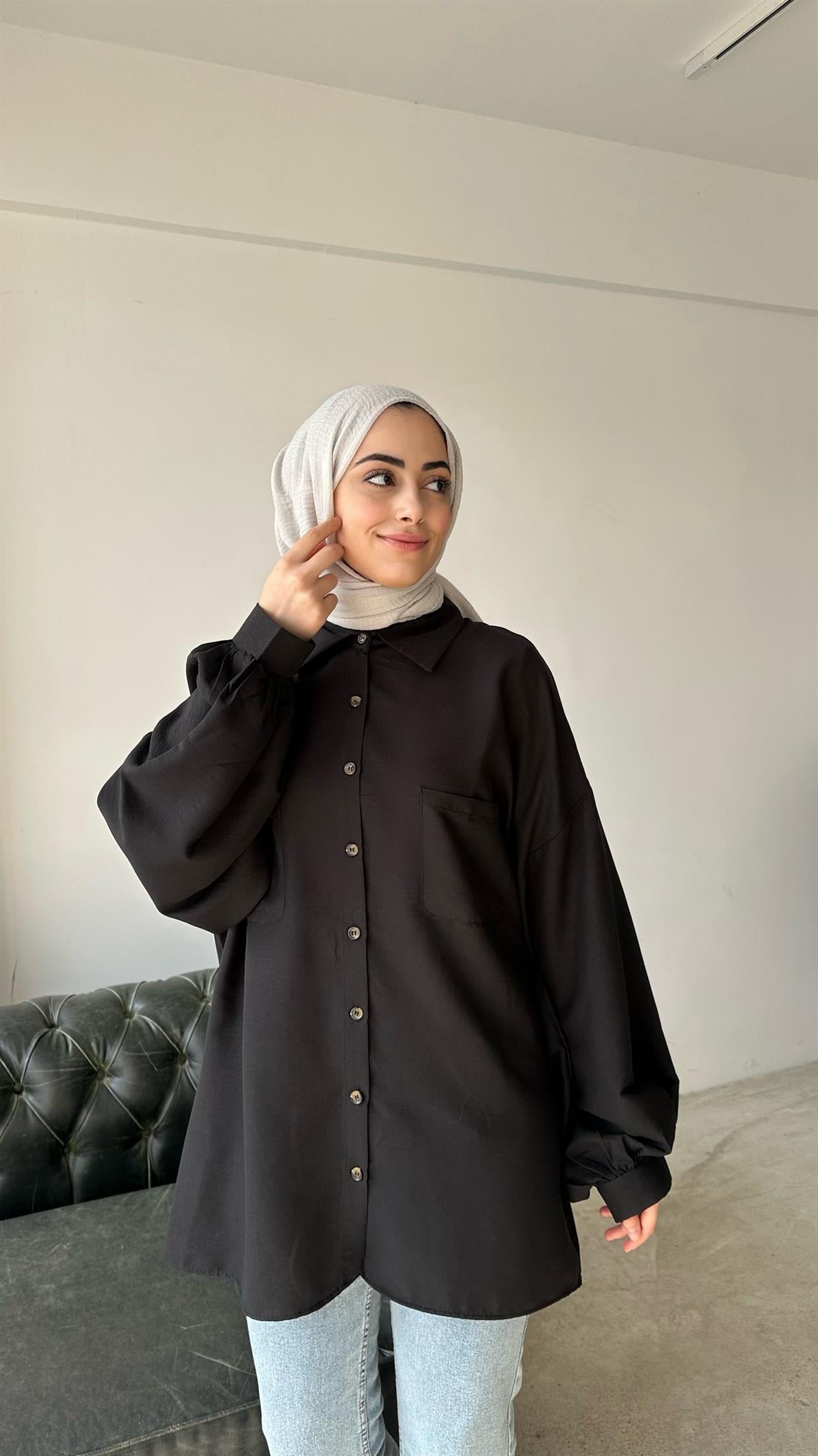 Oversize Balon Kol Gömlek Siyah