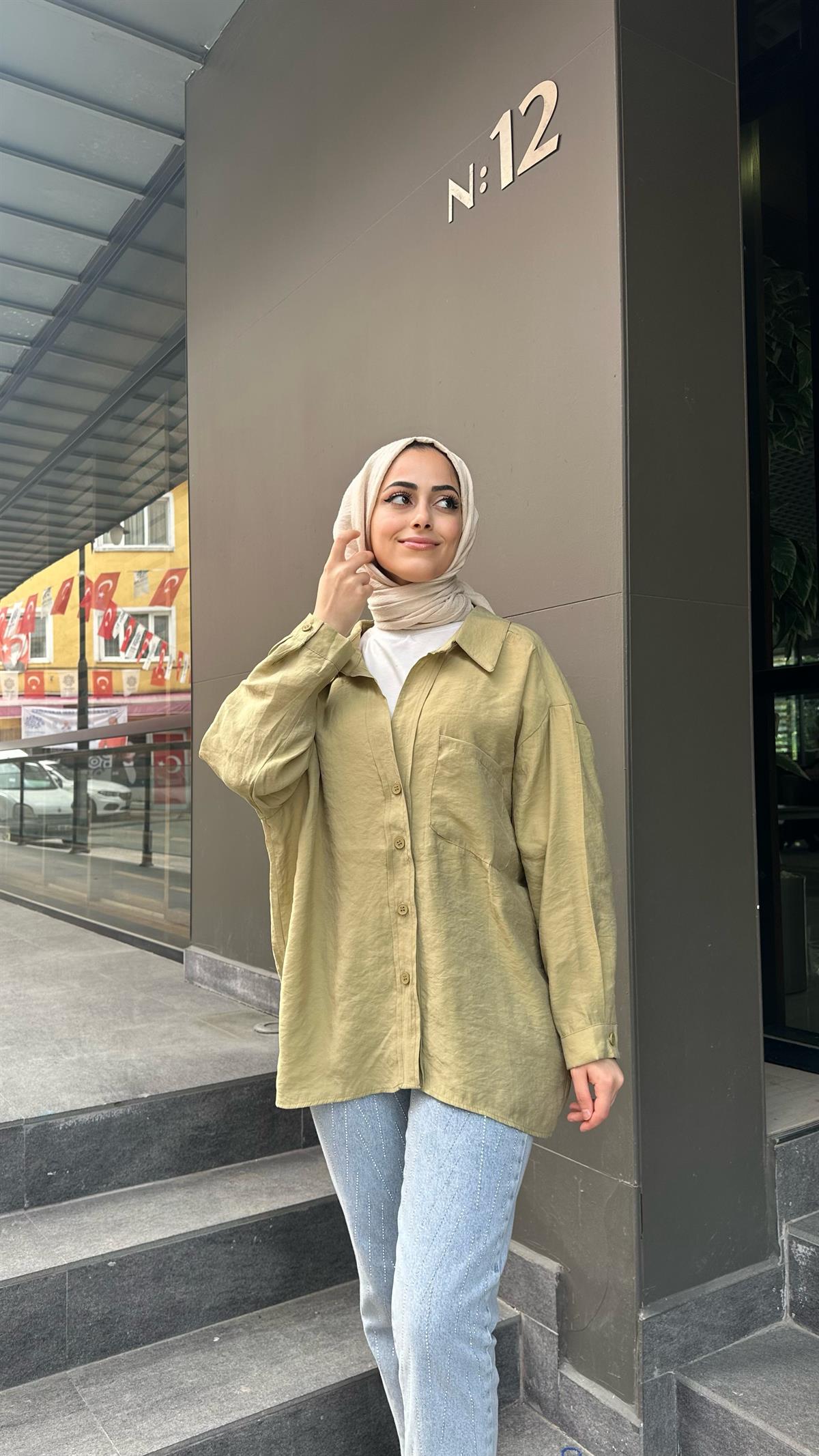Oversize Gömlek Yağ Yeşili