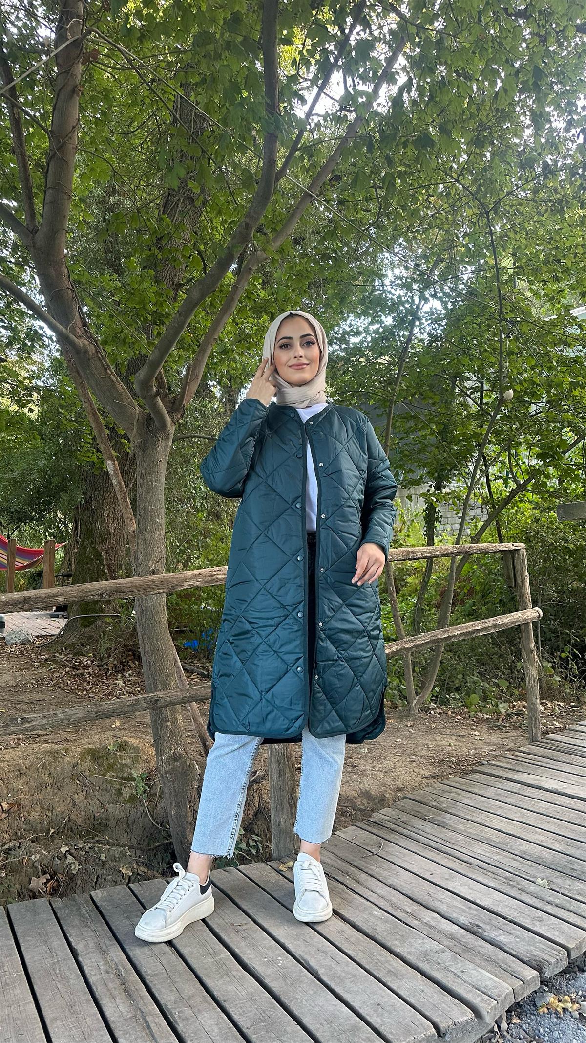 Oversize Kapitone Kap Petrol Yeşili