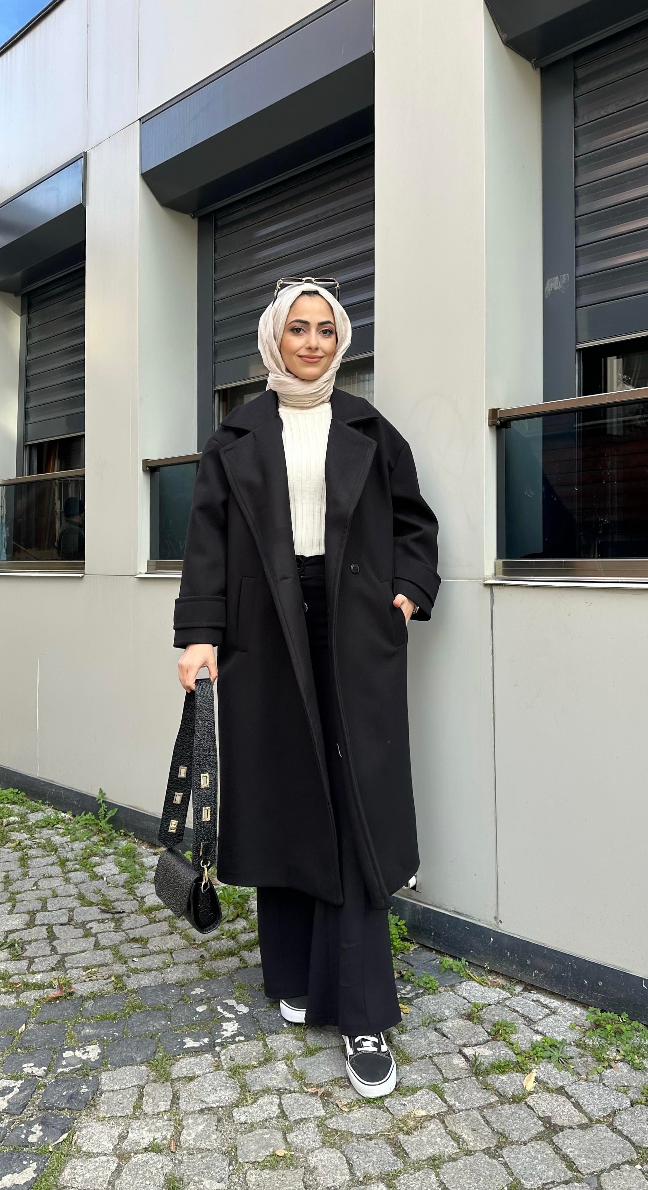 Oversize Kaşe Kaban Siyah