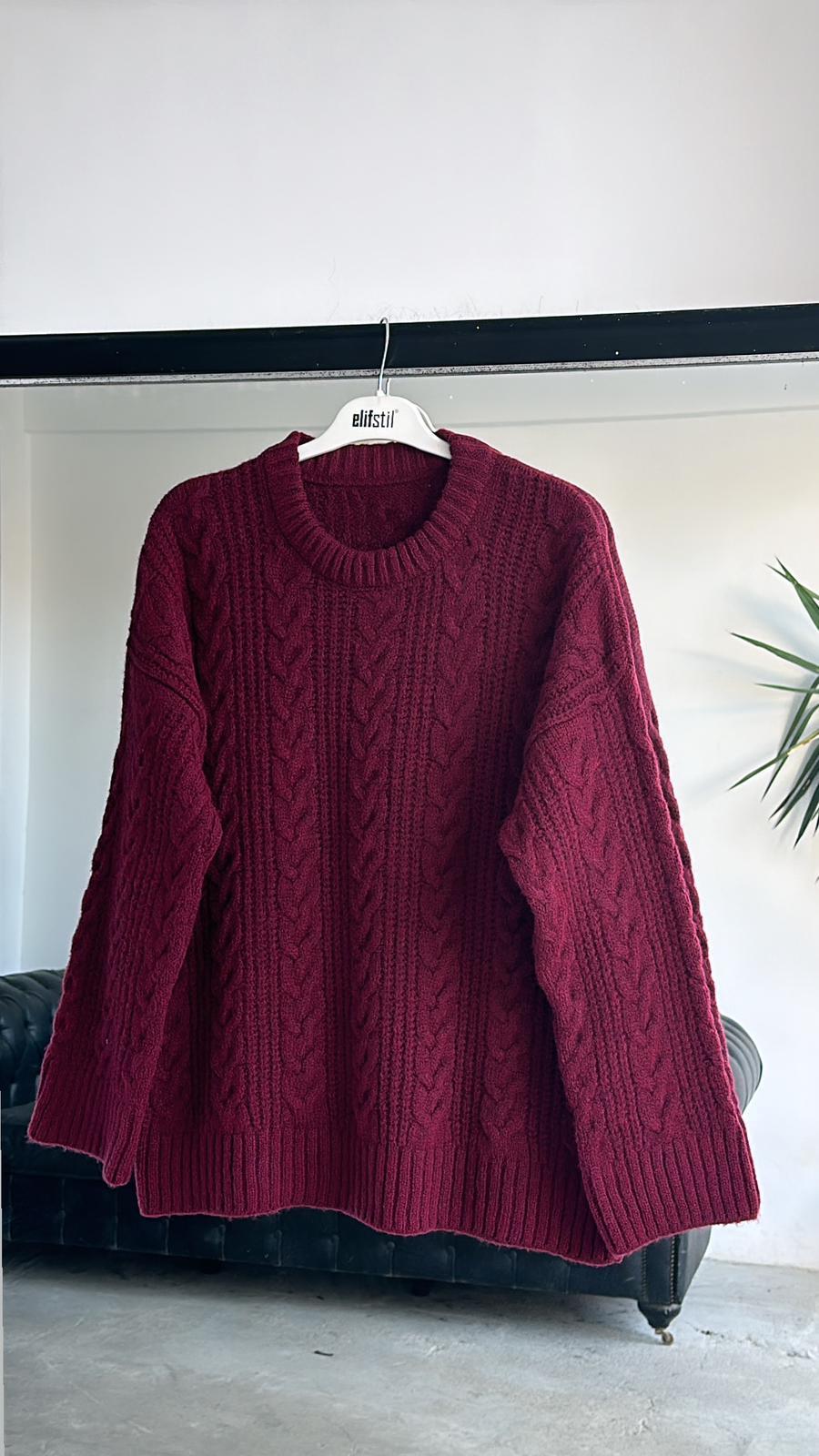 Oversize Örgü Kazak Bordo 