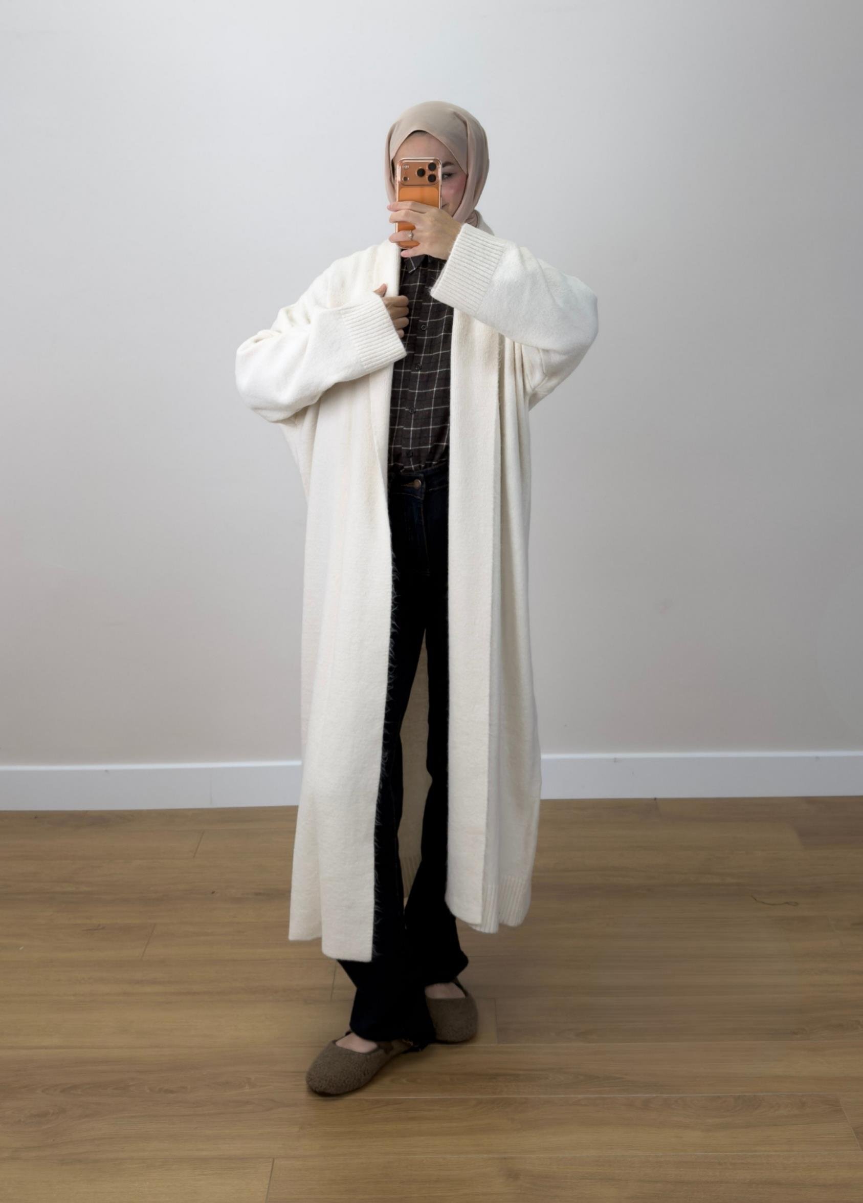 Oversize Şal Yaka Hırka Ekru