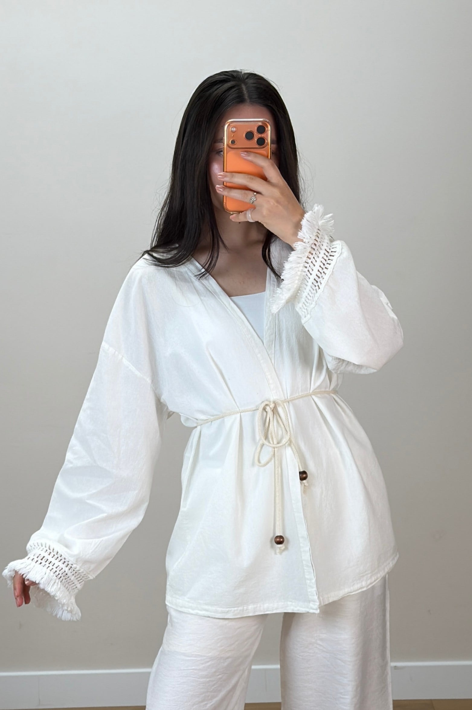 Püskül Detay Keten Kimono Ekru