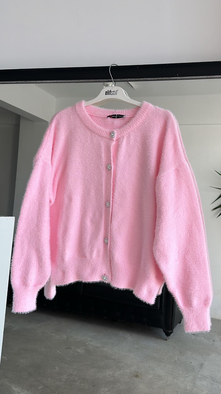 Sakallı Taşlı Hırka Pembe 