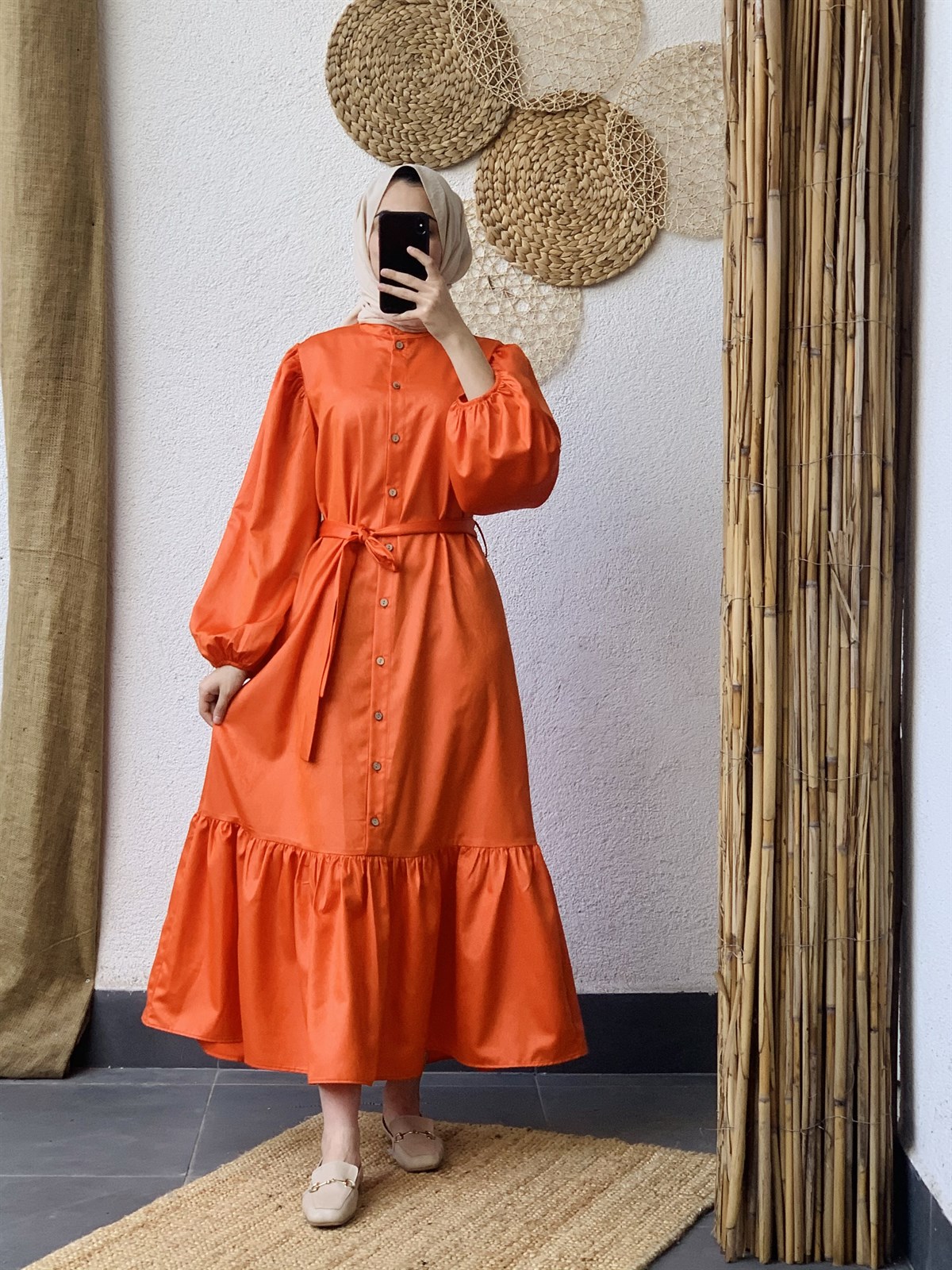 Saten Elbise Saks Oranj