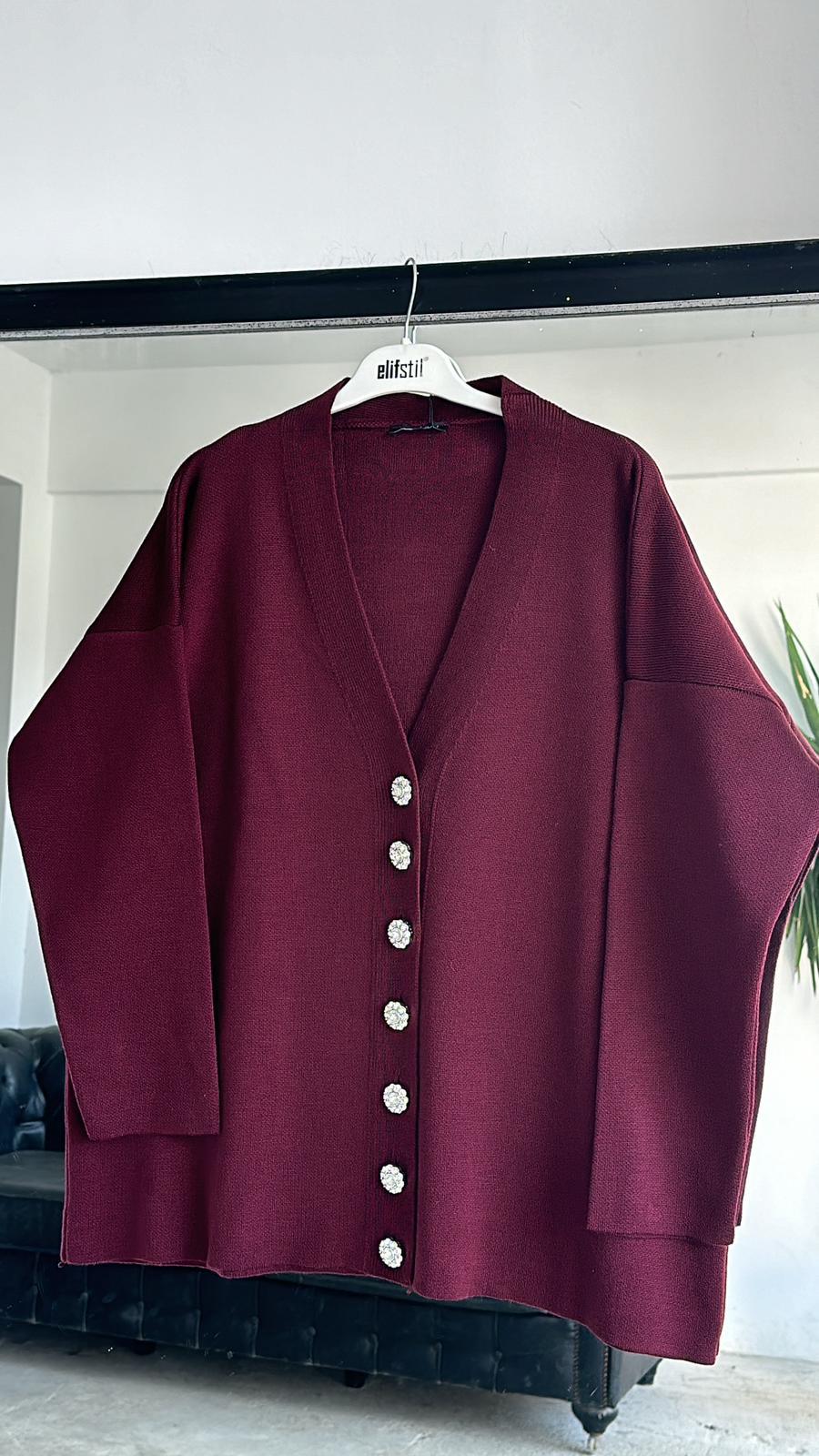 Taş Düğmeli Hırka Bordo