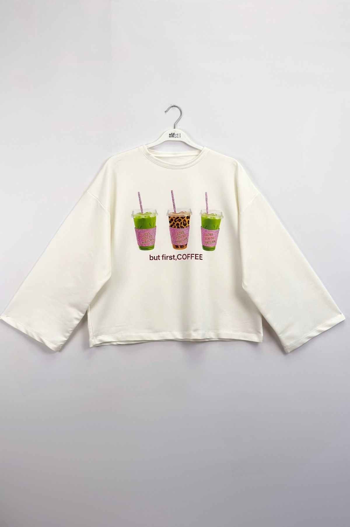 Taşlı İçecek Baskılı Sweatshirt Ekru 