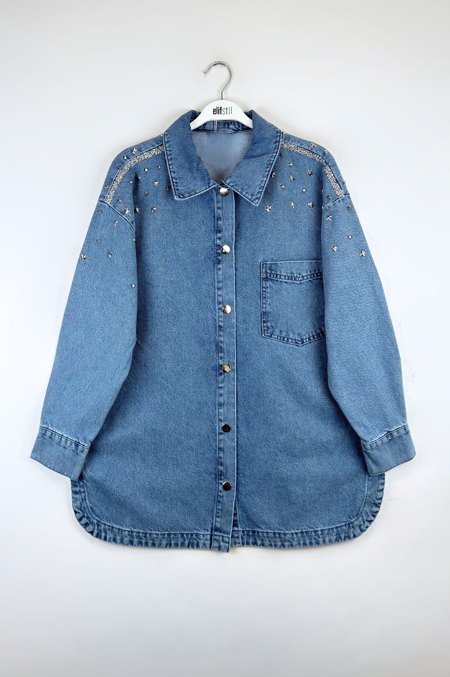 Taşlı Kot Ceket Mavi 