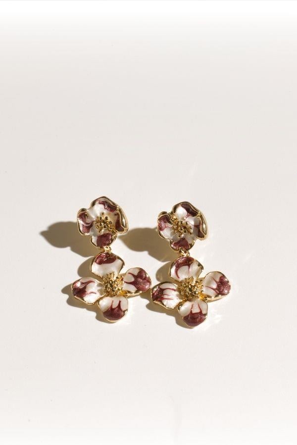 Bordo Gold Detay Çiçek Küpe