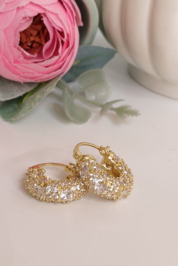 Gold Renk Full Taşlı Arkası Kapalı Trend Seri Küpe