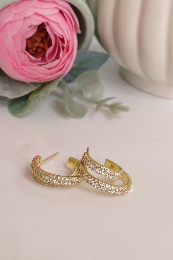 Gold Renk İkili Görünümlü Taşlı Trend Seri Küpe