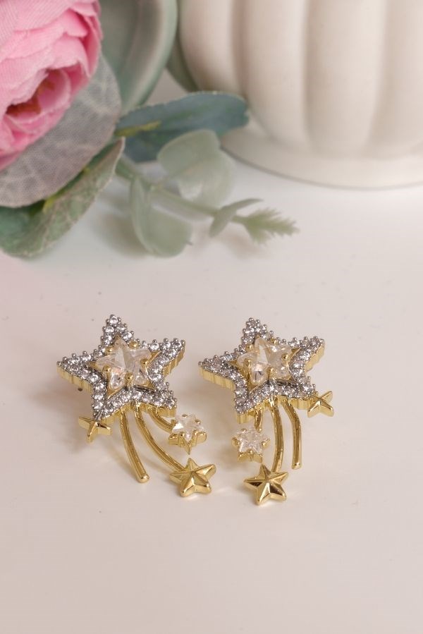 Gri-Gold Yıldız Model Sallantılı Trend Seri Küpe