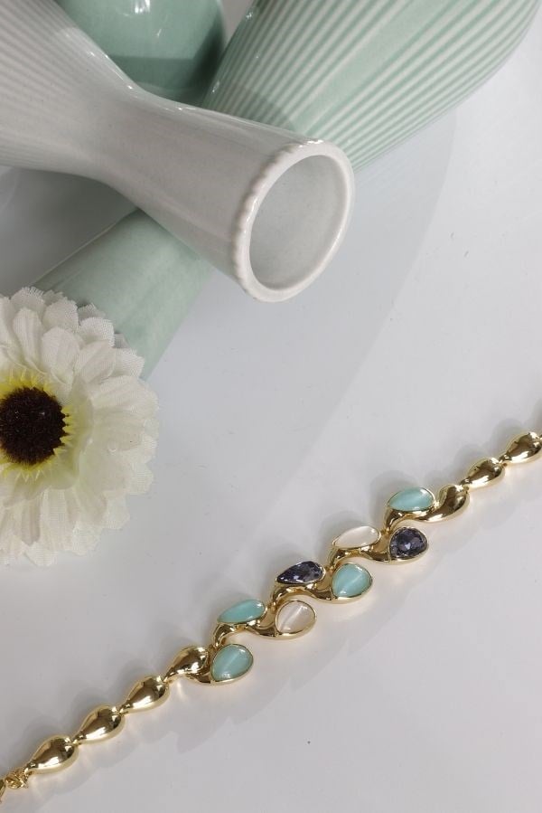 Özel Tasarım Gold Renk Mavi Krem İnci Damla Bileklik