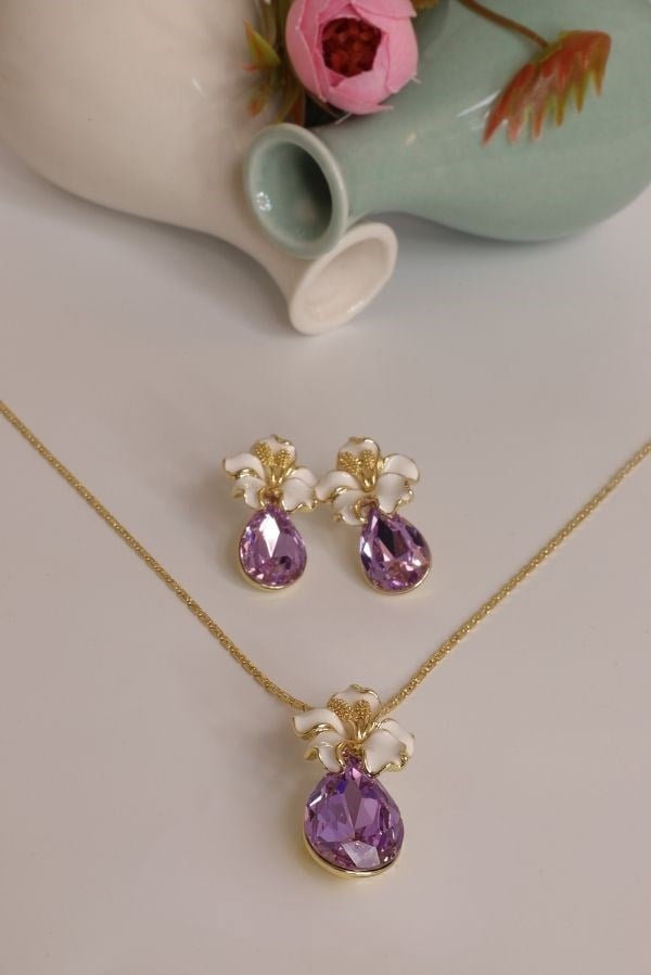 Özel Tasarım Swarovski Taş Mor Renk Çiçek Detay Takı Seti 