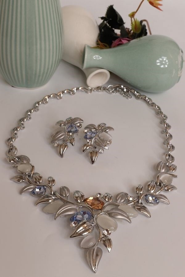 Özel Tasarım Swarovski Taş Yaprak Model Gümüş Renk Takı Seti 