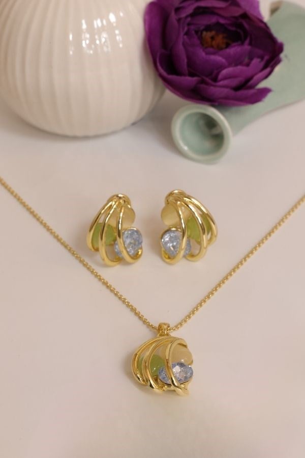 Özel Tasarım Swarovski Taş Yeşil Mavi Renk Takı Seti