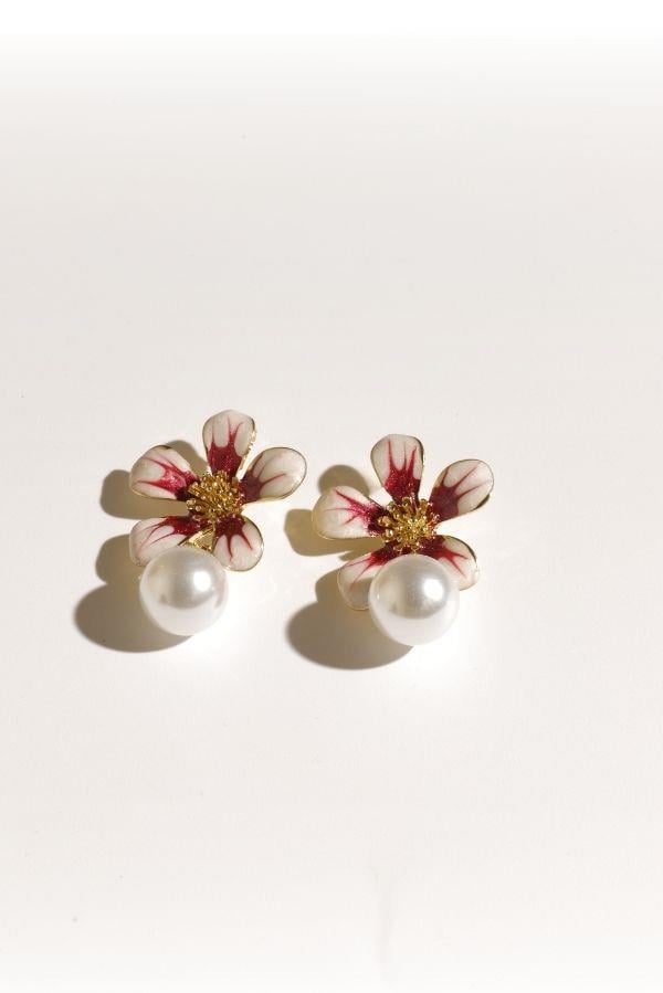Boucles d'oreilles perles fleurs bordeaux