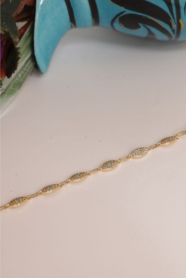 Gold Renk Göz Detay Mavi Taşlı Trend Seri Bileklik