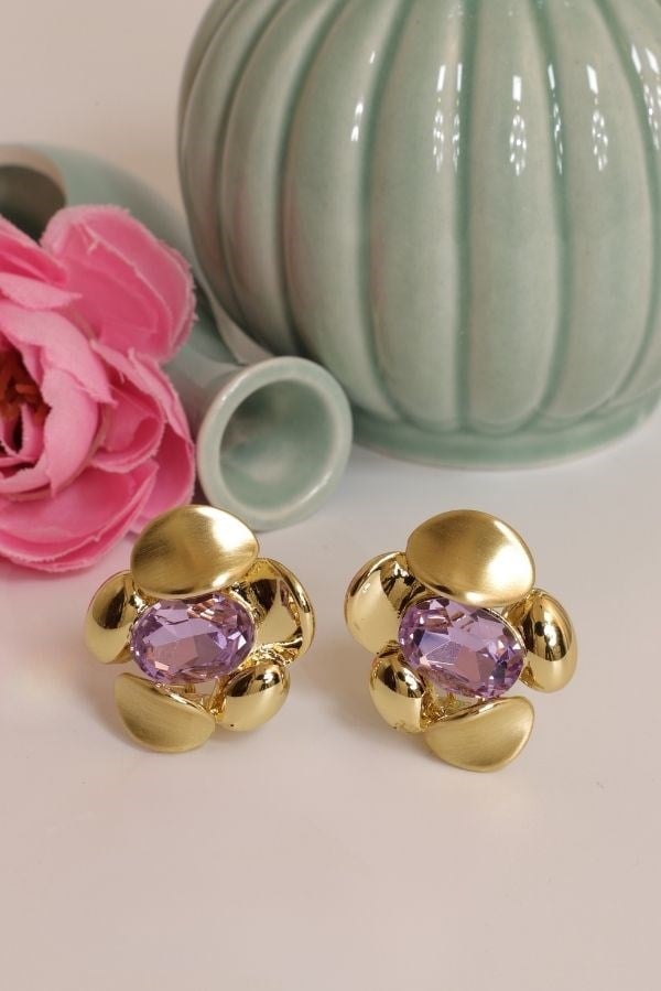 Gold Renk Swarovski Mor Taş Tasarım Küpe